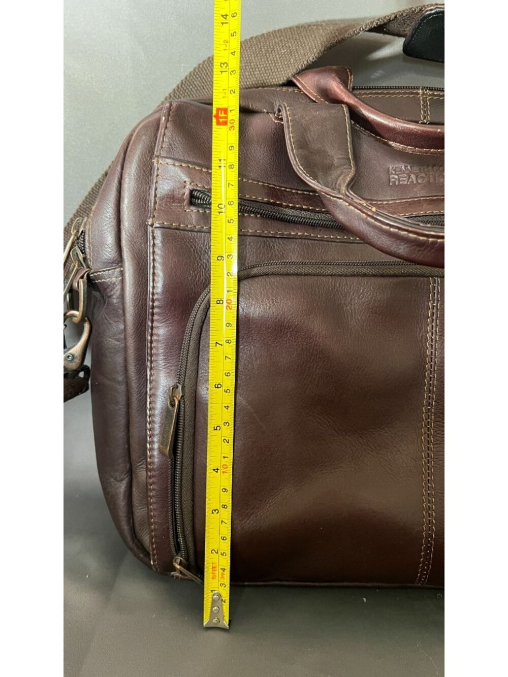 Kenneth Cole Reaction Brown Leather Briefcase Laptop Bag With Shoulder Strap - Picture 11 of 13